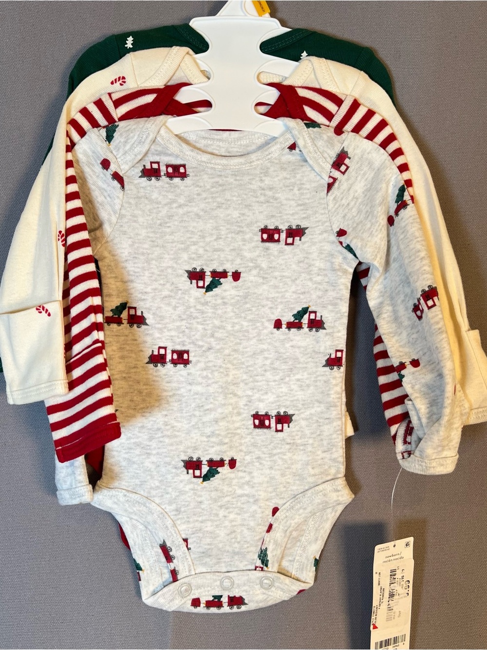 Carter’s Newborn 4 Piece Holiday Train Tree Candycane Stripe Print Bodysuit Set